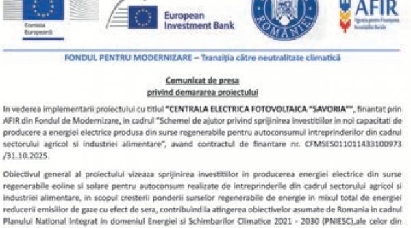 Comunicat de presa privind demararea proiectului cu titlul “CENTRALA ELECTRICA FOTOVOLTAICA “SAVORIA”
