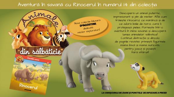 Rinocerul, gigantul savanei, te așteaptă într-o nouă aventură! Numărul 14 din „Animale din sălbăticie”, la chioșcuri din 14 aprilie.