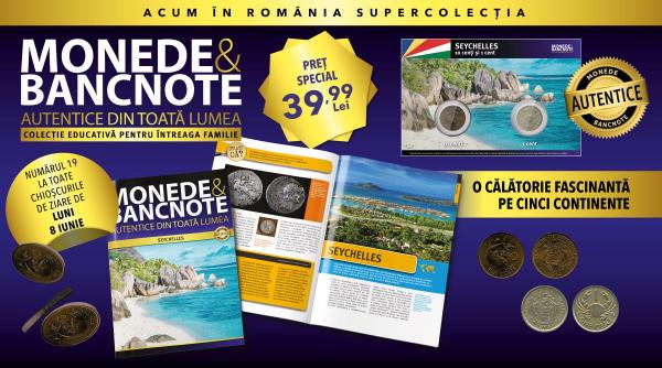 Colecția „Monede și Bancnote autentice din toată lumea” ajunge într-o destinație exotică: Seychelles. Revista, două monede și fișa numismatică, de luni, la chioșcuri!
