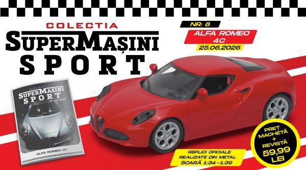 Colecția „SuperMașini Sport” revine în Italia, în numărul 8 fiind protagonist modelul Alfa Romeo 4C! Macheta metalică și revista, de joi la chioșcuri