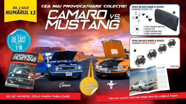 Colecția care aduce în prim plan rivalitatea „Camaro vs. Mustang” a ajuns la numărul 13. De joi, la toate chioșcurile, găsiți revista și piese noi pentru cele două machete!