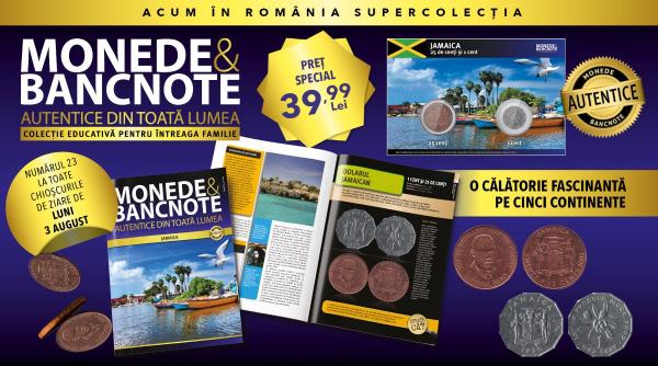 jamaica este destinatia exotica din numarul 23 al colectiei monede si bancnote autentice din toata lumea revista si doua monede de luni la chioscuri