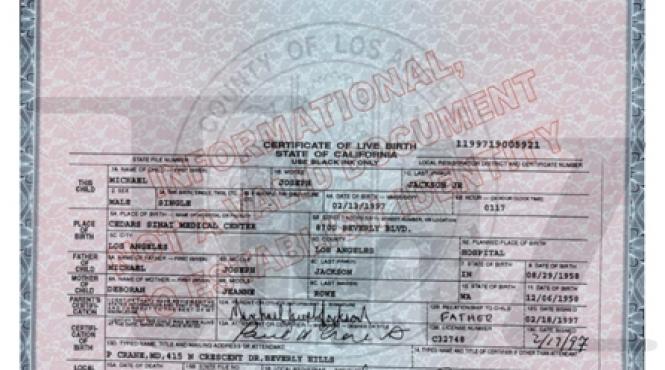 certificatele de nastere ale lui prince michael si paris jackson
