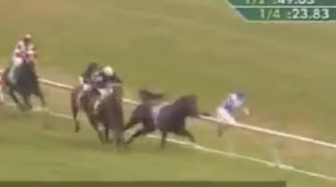 jocheu campion aruncat peste parapeti de un cal de curse inainte de linia de sosire video