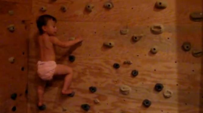 video o fetita de un an si 10 luni escaladeaza fara frica un perete artificial