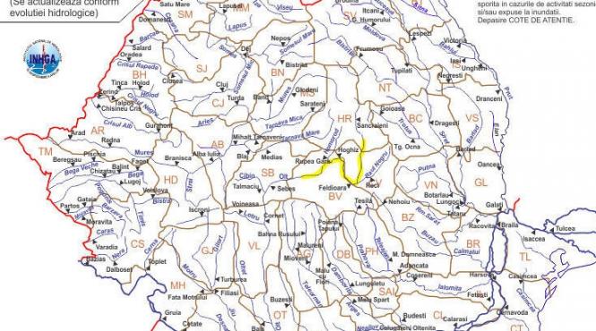 cod galben de inundatii pe raul olt in judetele harghita covasna si brasov