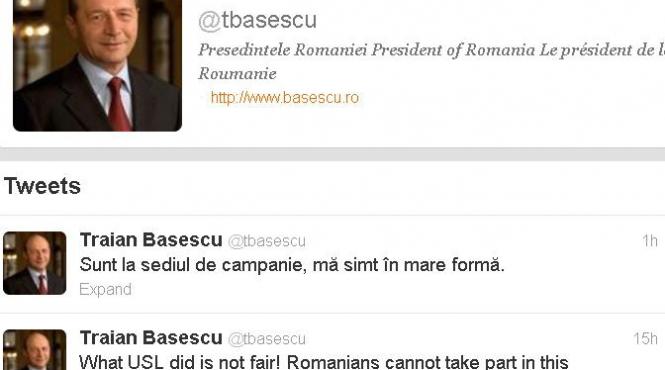 traian basescu activ pe twitter sunt la sediul de campanie ma simt in mare forma