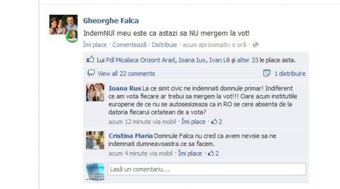 referendum 2012 primarul aradului gheorghe falca cere populatiei pe facebook sa nu se prezinte la vot