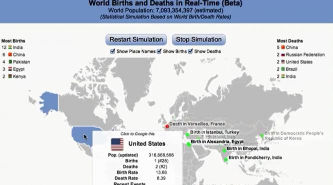harta interactiva spectaculoasa ne indica in timp real fiecare nastere si deces din lume
