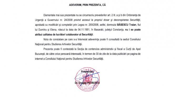cnsas basescu nu a colaborat cu securitatea vezi documentul publicat de consiliul pentru studierea arhivelor securitatii