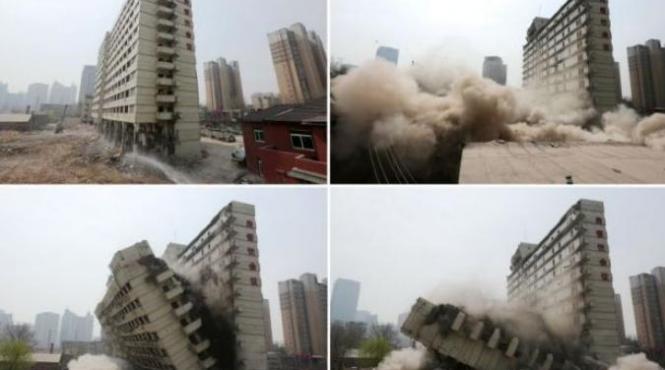 precizie incredibila chinezii au reusit sa demoleze prin explozie exact jumatate dintr un bloc turn video