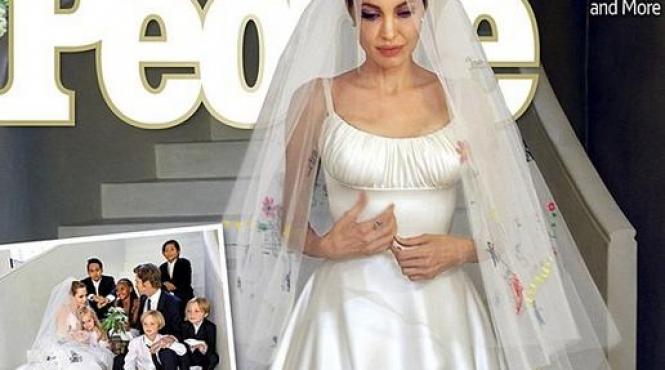 primele imagini cu angelina jolie mireasa rochia actritei a fost decorata cu desene facute de cei sase copii ai sai
