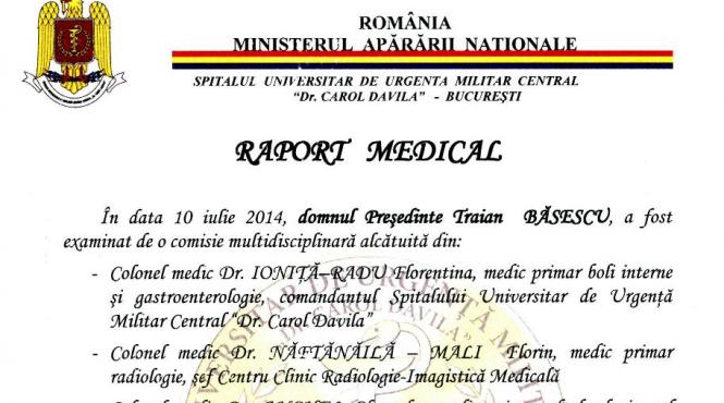 basescu a dat publicitatii rezultatele analizelor medicale citeste raportul medical al presedintelui