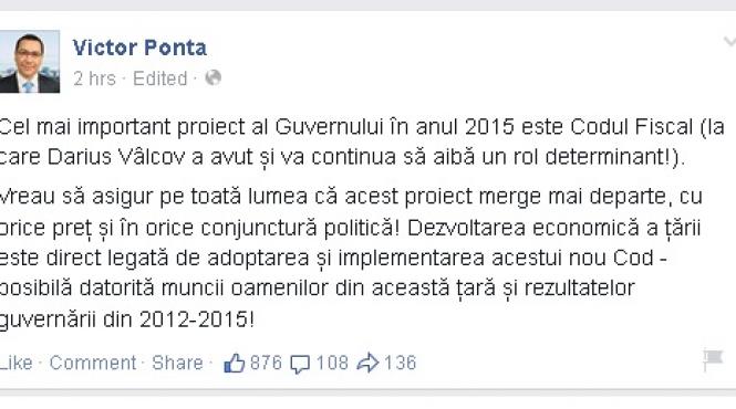 ce a scris ponta de facebook dupa ce dna a anuntat ca ministrul finantelor darius valcov este urmarit penal