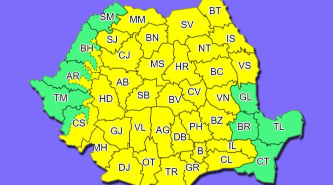 cod galben de ploi torentiale si vijelii in 36 de judete