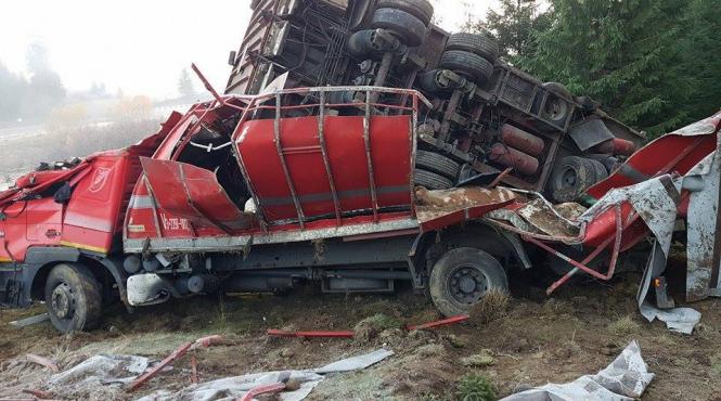 camion incarcate cu bovine rasturnat in pasul tihuta soferul ranit transportat la spital