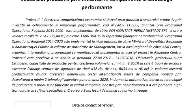 anunt de presa incepere proiect cresterea competitivitatii economice si dezvoltarea durabila a sectorului productiv prin investitii in echipamente si tehnologii performante