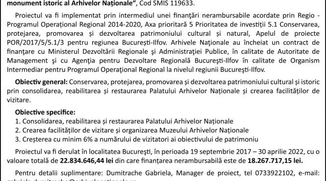 finantare nerambursabila pentru obiectivul de investitii restaurarea sediului central monument istoric al arhivelor nationale