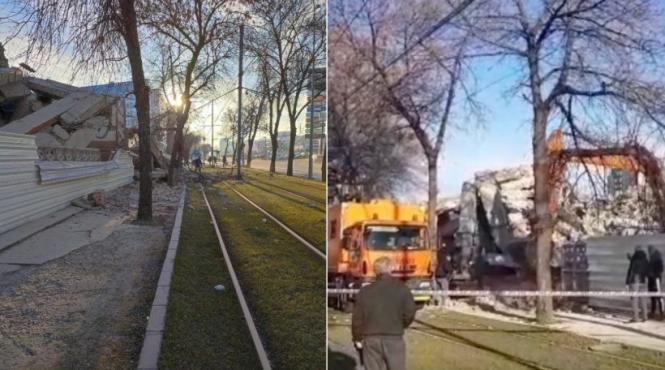 un imobil din capitala s a prabusit pe sina de tramvai circulatie blocata