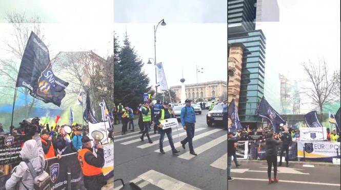 sindicatul europol protestam la ministerul muncii pentru ca aplicarea integrala a legii salarizarii sa fie prevazuta in ordonanta de urgenta privind masurile fiscal bugetare traficul rutier e blocat de protestatari