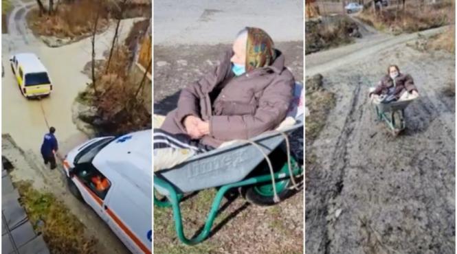 femeie 85 ani picior amputat valcea transportata roaba drum inundat