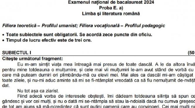 model subiect limba literatura romana bacalaureat 2024 sesiunea vara
