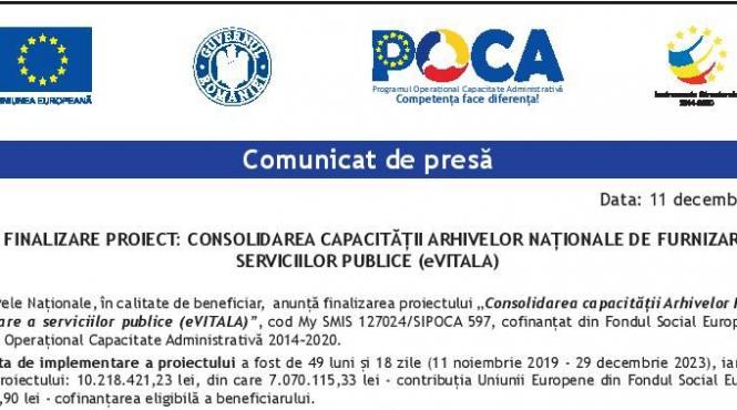 finalizare proiect consolidarea capacitatii arhivelor nationale de furnizare a serviciilor publice evitala