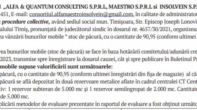 publicatie de vanzare bunuri mobile stoc de pacura din patrimoniul debitoarei clt colterm sa in insolventa