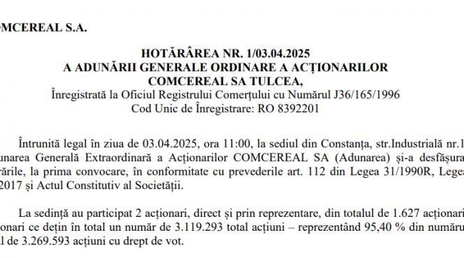 hotararea nr 1 03 04 2025 a adunarii generale ordinare a actionarilor comcereal sa tulcea
