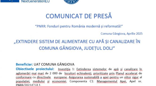 comunicat de presa pnrr fonduri pentru romania moderna si reformata comuna gangiova aprilie 2025