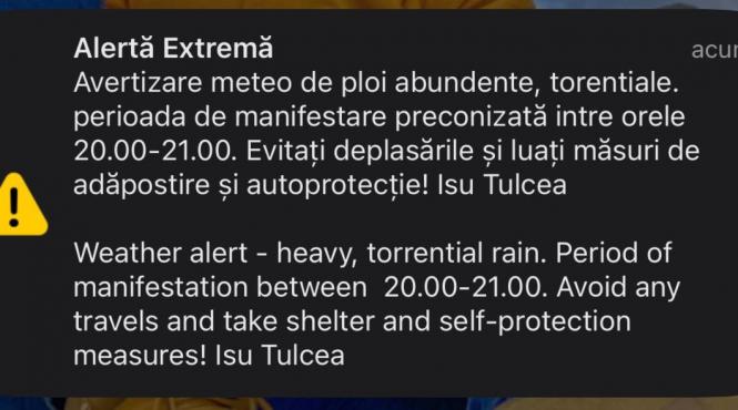alerta imediata extrema de ploi torentiale si grindina la tulcea