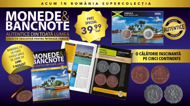 jamaica este destinatia exotica din numarul 23 al colectiei monede si bancnote autentice din toata lumea revista si doua monede de luni la chioscuri