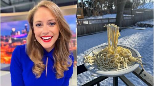 O meteoroloagă arată cum se simt, de fapt,   29 de grade și a făcut experimentul cu spaghetele. Mâncarea a înghețat instantaneu