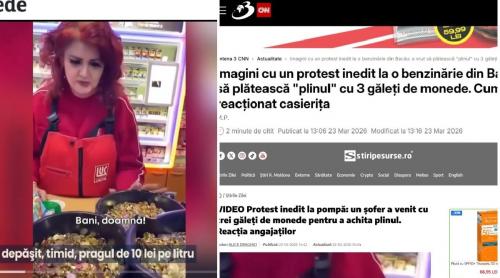 Trei găleți cu monede ca să plătească plinul, în Bacău, pentru că s a scumpit benzina, fake news perfect difuzat de presa din România, inclusiv de TVR și Antena 3