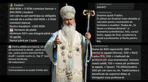 Cadou obligatoriu pentru ÎPS Teodosie: 200 de lei de student, la festivitatea de absolvire. Organizator: „Cei care nu pot participa au obligația morală de a achita 550 de lei”