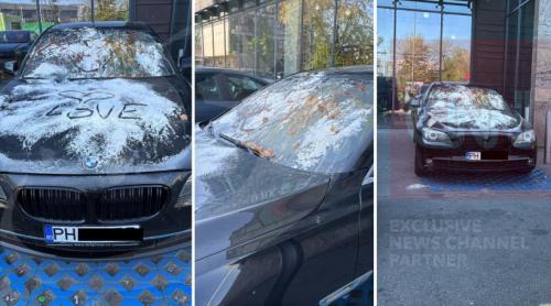 Un șofer din Prahova, care și a lăsat BMW ul în parcarea unui supermarket din București, a fost „taxat” cu ouă, făină și „love”
