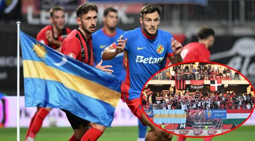 Îi paște o nouă sancțiune?! Steagul Ținutului Secuiesc, în tribune la Csikszereda – FCSB. Cum a fost mascat pe transmisia TV. Foto